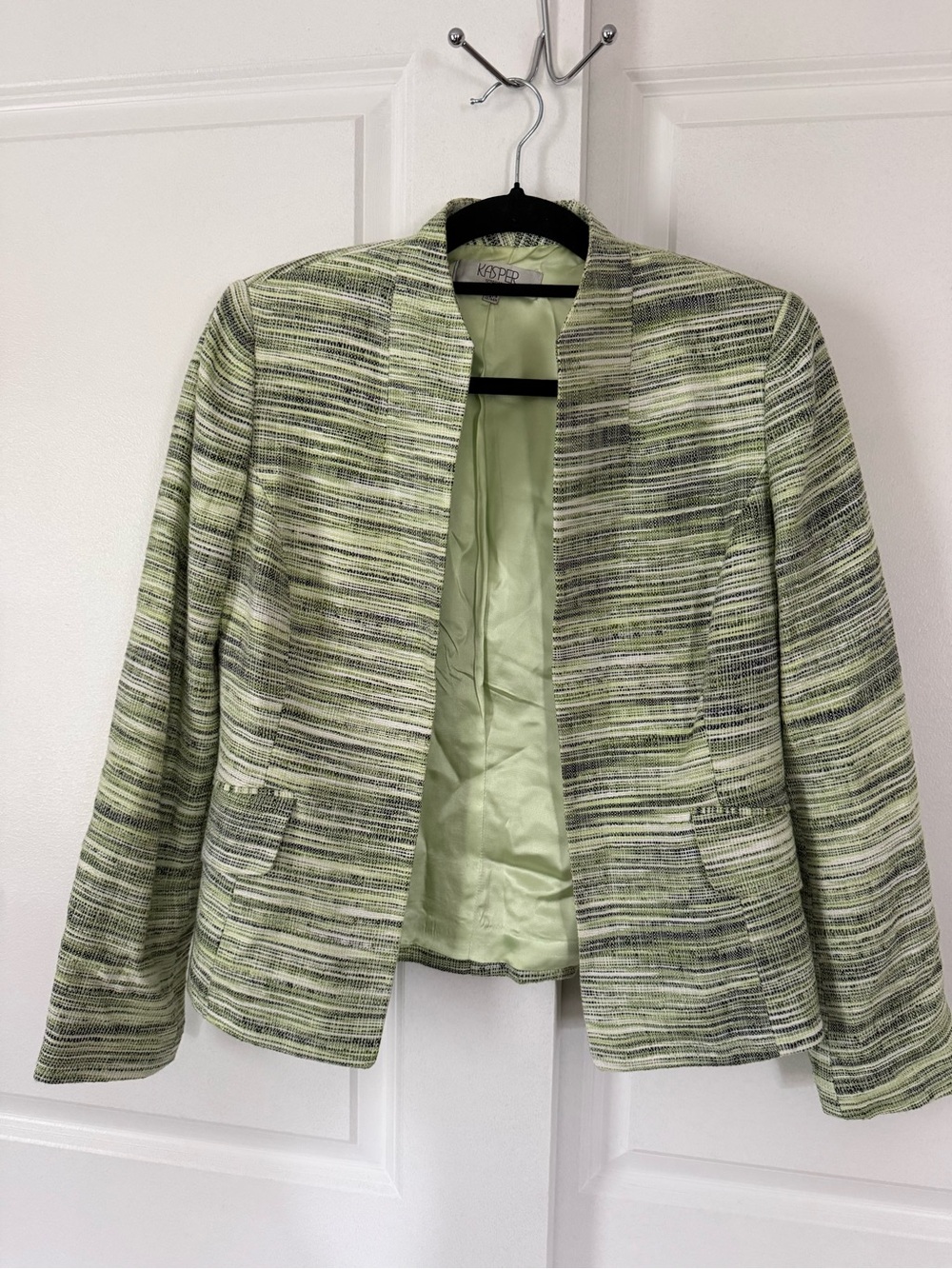Kasper Light Green Striped Tweed Open Jacket